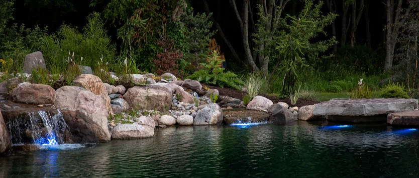 led-pond-hero-final Garden pond with rocks and blue lights