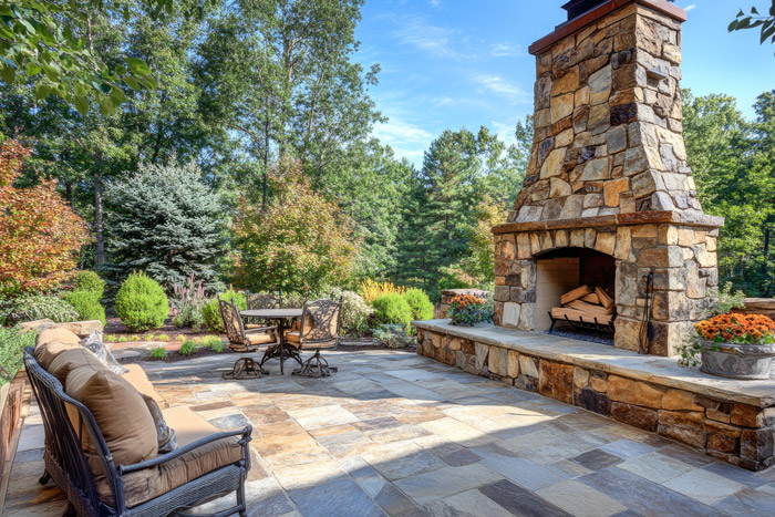 backyard stone fireplace